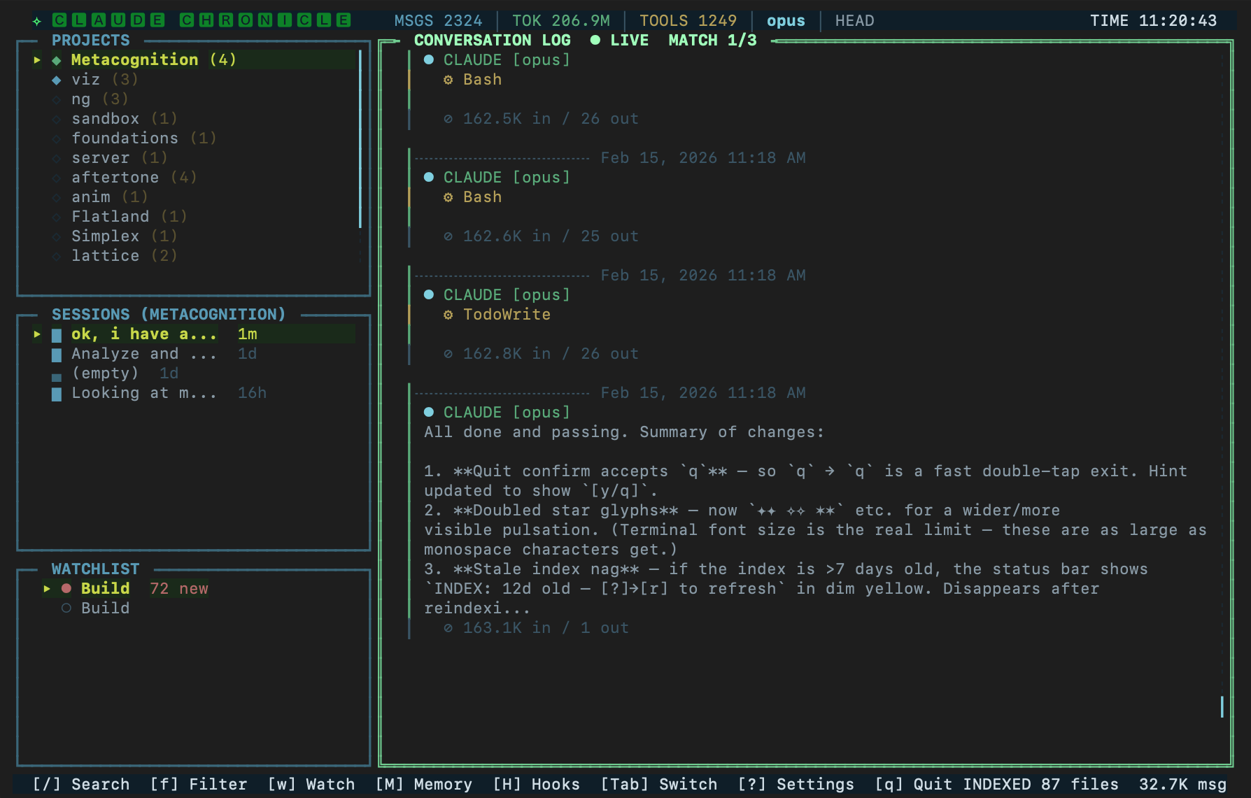 Claude Chronicle terminal dashboard showing projects, sessions, conversation log, and watchlist